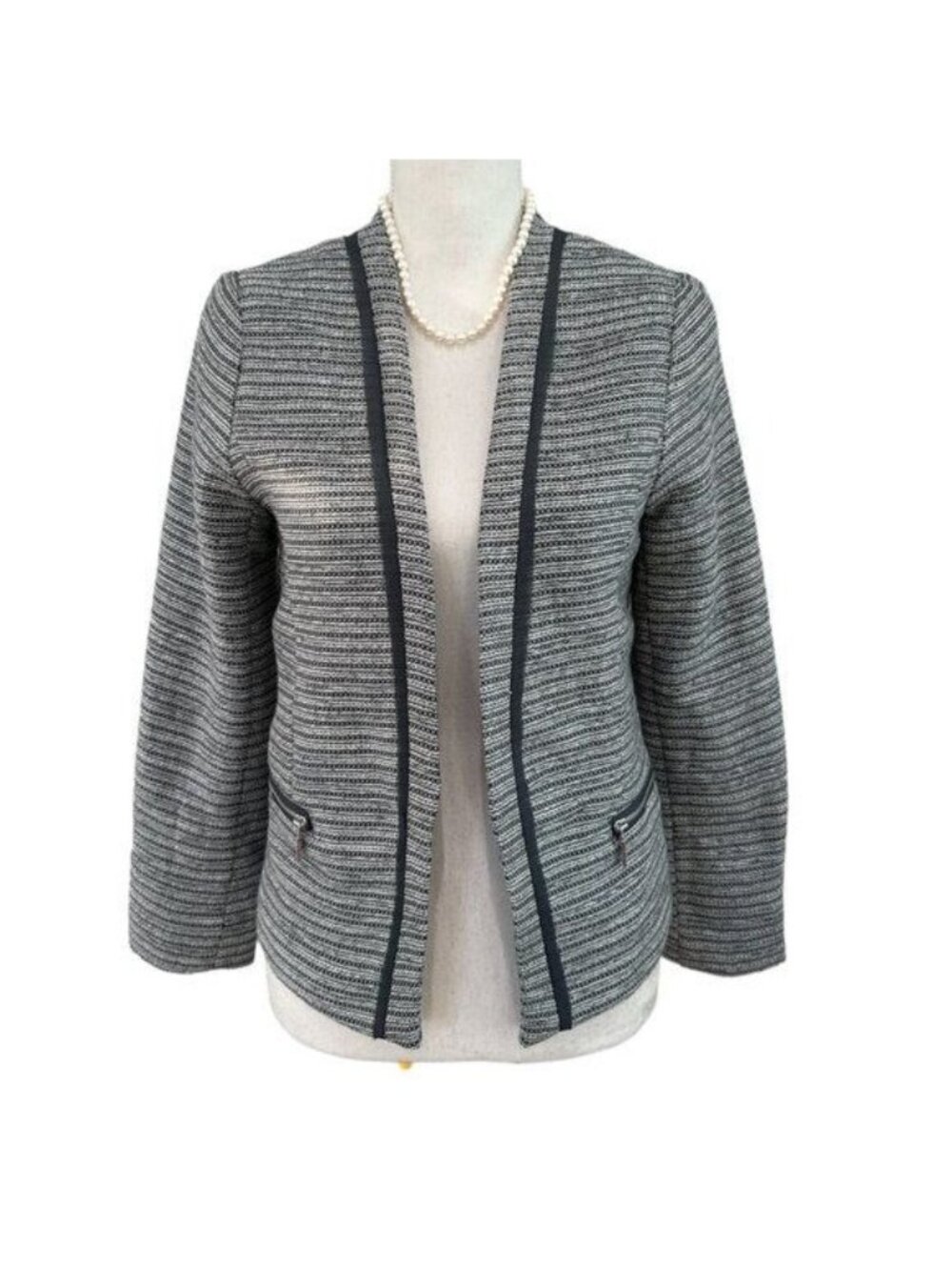 H&M Grey Tweed Open Front Blazer Jacket Size 8 Faux Zipper Pocket
